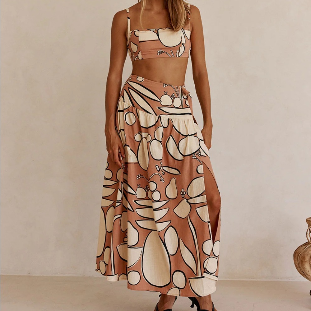 Sabo Skirt Cream and Brown Floral Maxi Skirt with Matching Top
